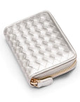 Small zip around woven leather accordion purse, silver