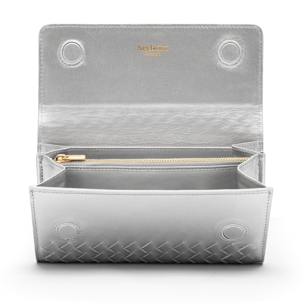 Woven leather concertina purse, silver, open