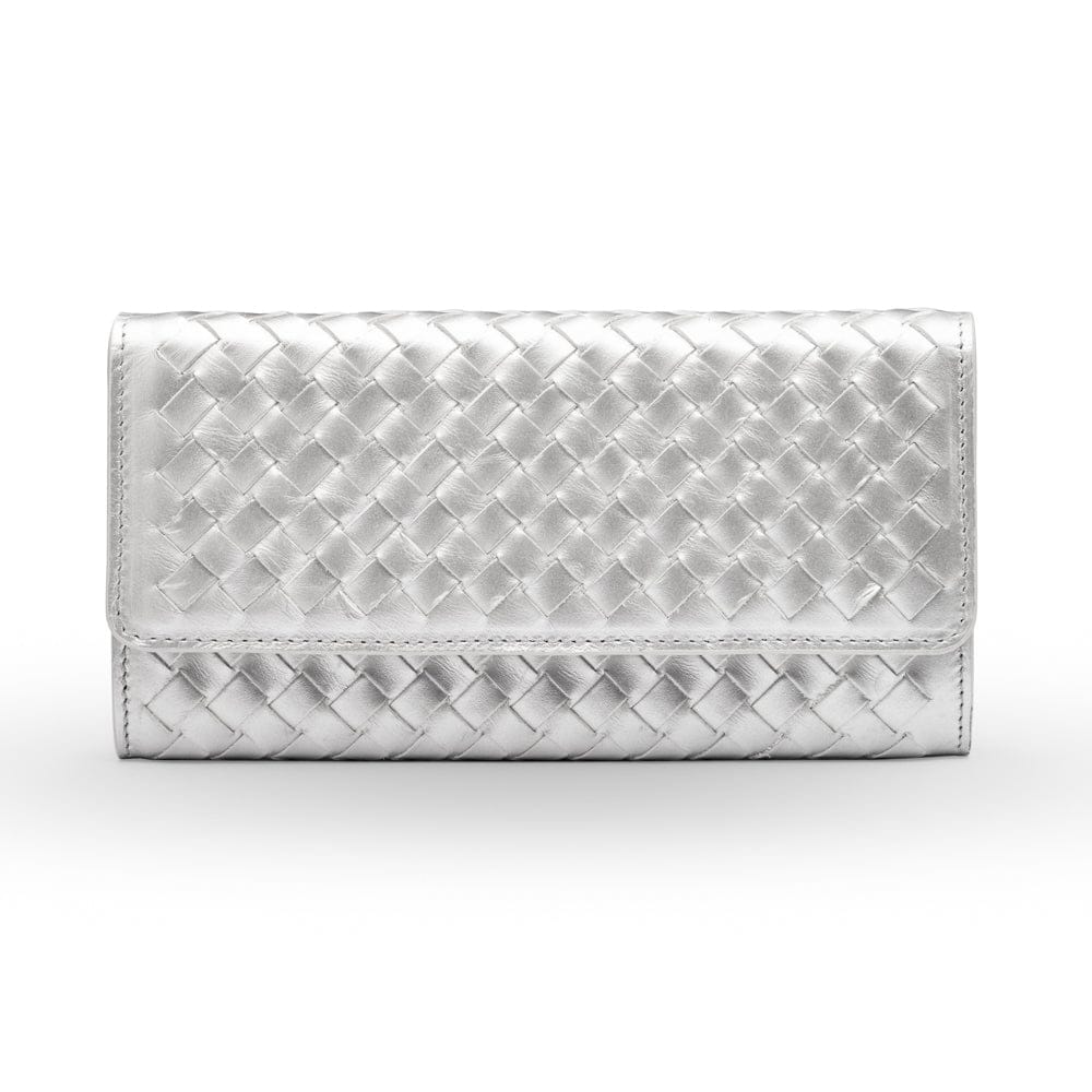 Woven leather concertina purse, silver, front