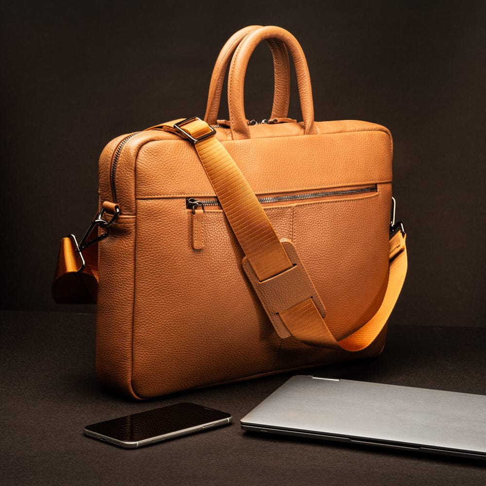 15" slim leather laptop bag, tan, lifestyle