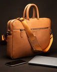 15" slim leather laptop bag, tan, lifestyle