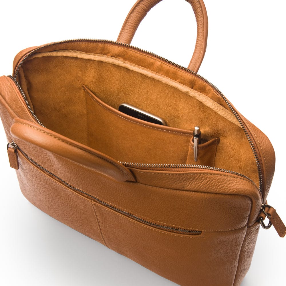 15" slim leather laptop bag, tan, inside