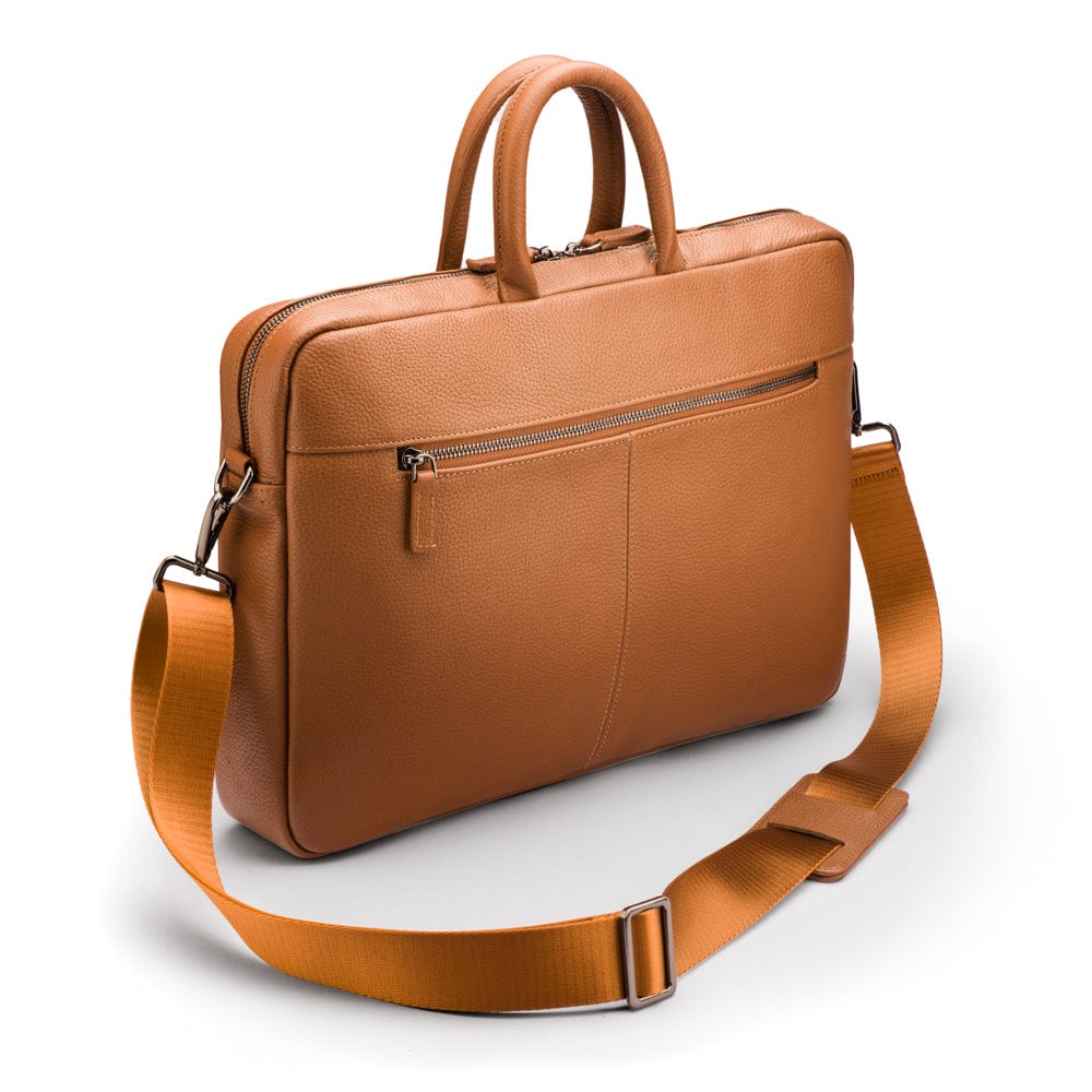 15" slim leather laptop bag, tan, with strap