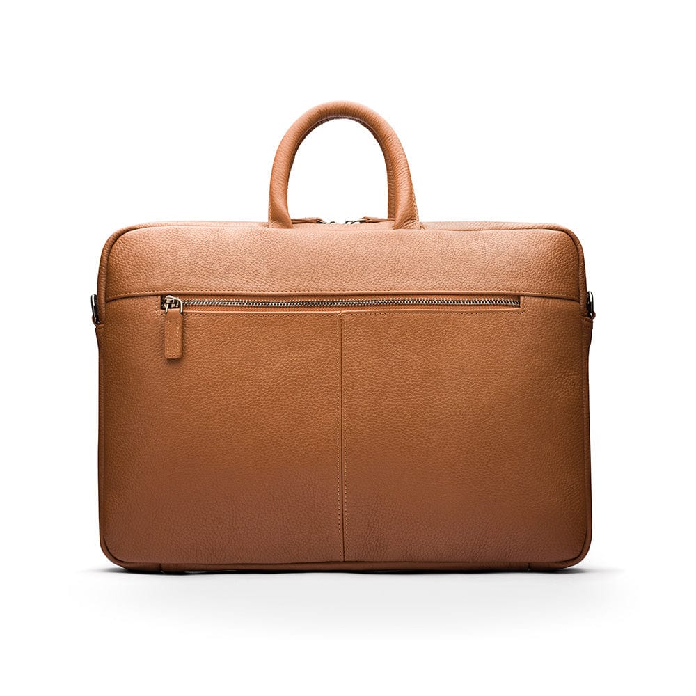 15" slim leather laptop bag, tan, front