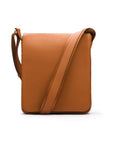 A4 portrait medium leather messenger bag, tan pebble grain, front