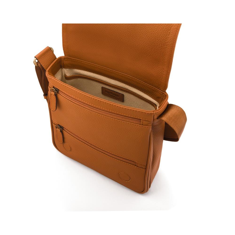 A4 portrait medium leather messenger bag, tan pebble grain, inside