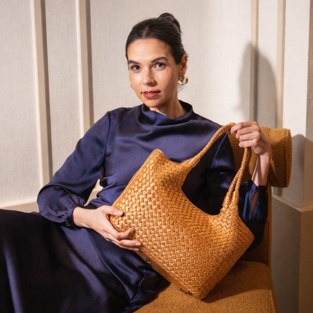 Woven leather shoulder bag, tan, lifestyle