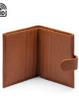 Compact leather RFID billfold wallet with tab, tan, open