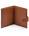 Compact leather RFID billfold wallet with tab, tan, open view