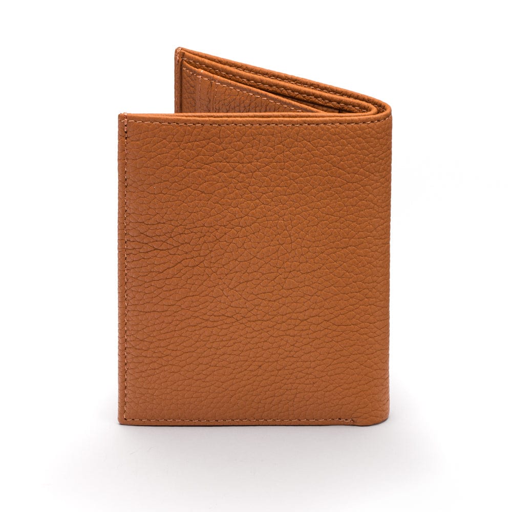 Compact leather wallet with 6 credit card slots and 2 ID windows, tan, back