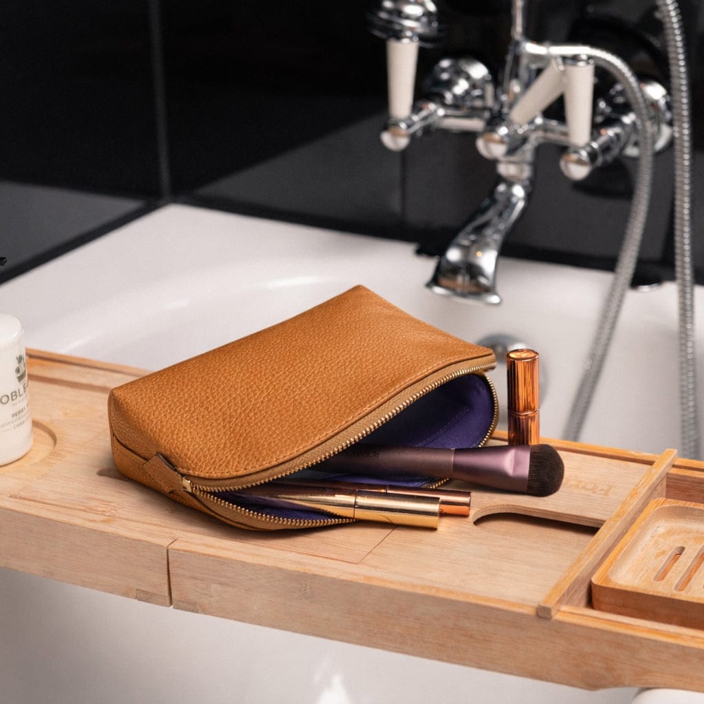 Leather cosmetic bag, tan, lifestyle view