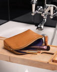 Leather cosmetic bag, tan, lifestyle view