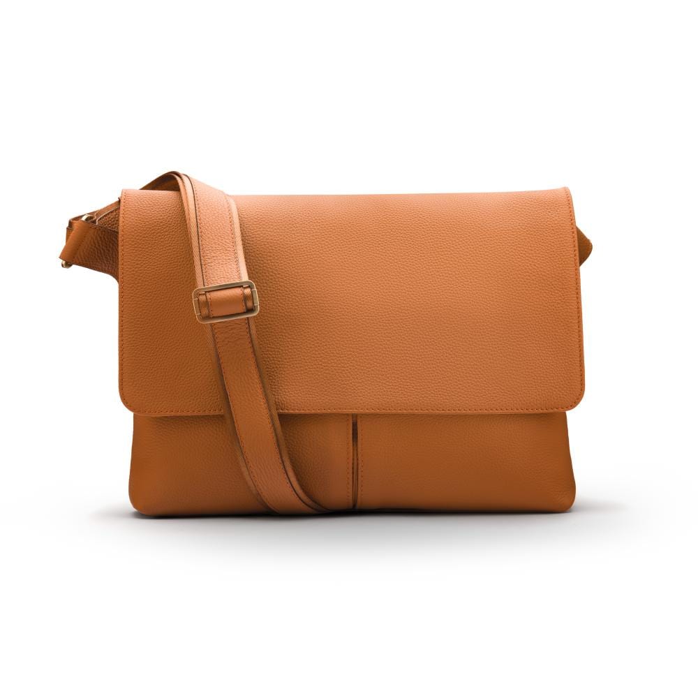 Leather messenger bag, tan pebble grain, front