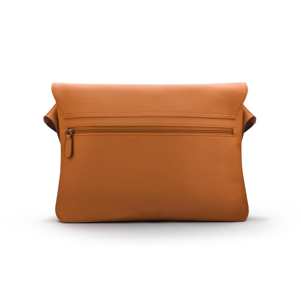 Leather messenger bag, tan pebble grain, back