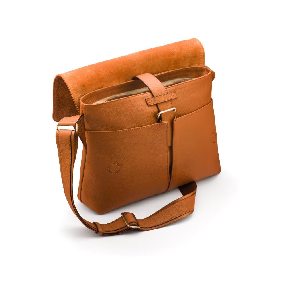 Leather messenger bag, tan pebble grain, open