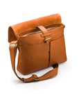 Leather messenger bag, tan pebble grain, open