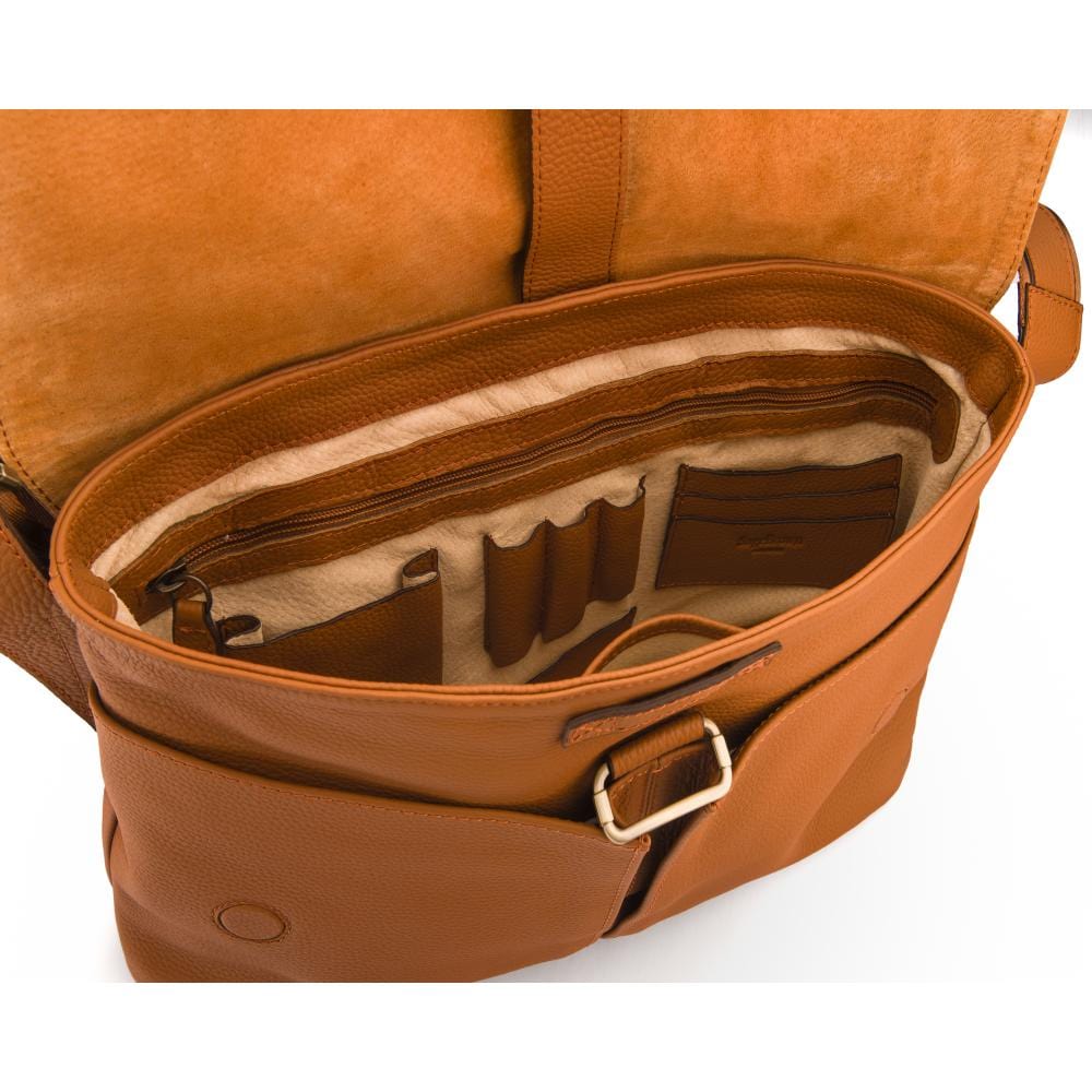 Leather messenger bag, tan pebble grain, inside