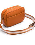 Leather cross body camera bag, tan, side