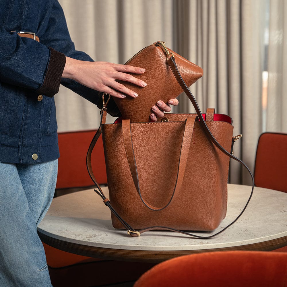 Leather tote bag, tan, lifestyle 3