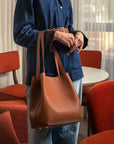 Leather tote bag, tan, lifestyle 1