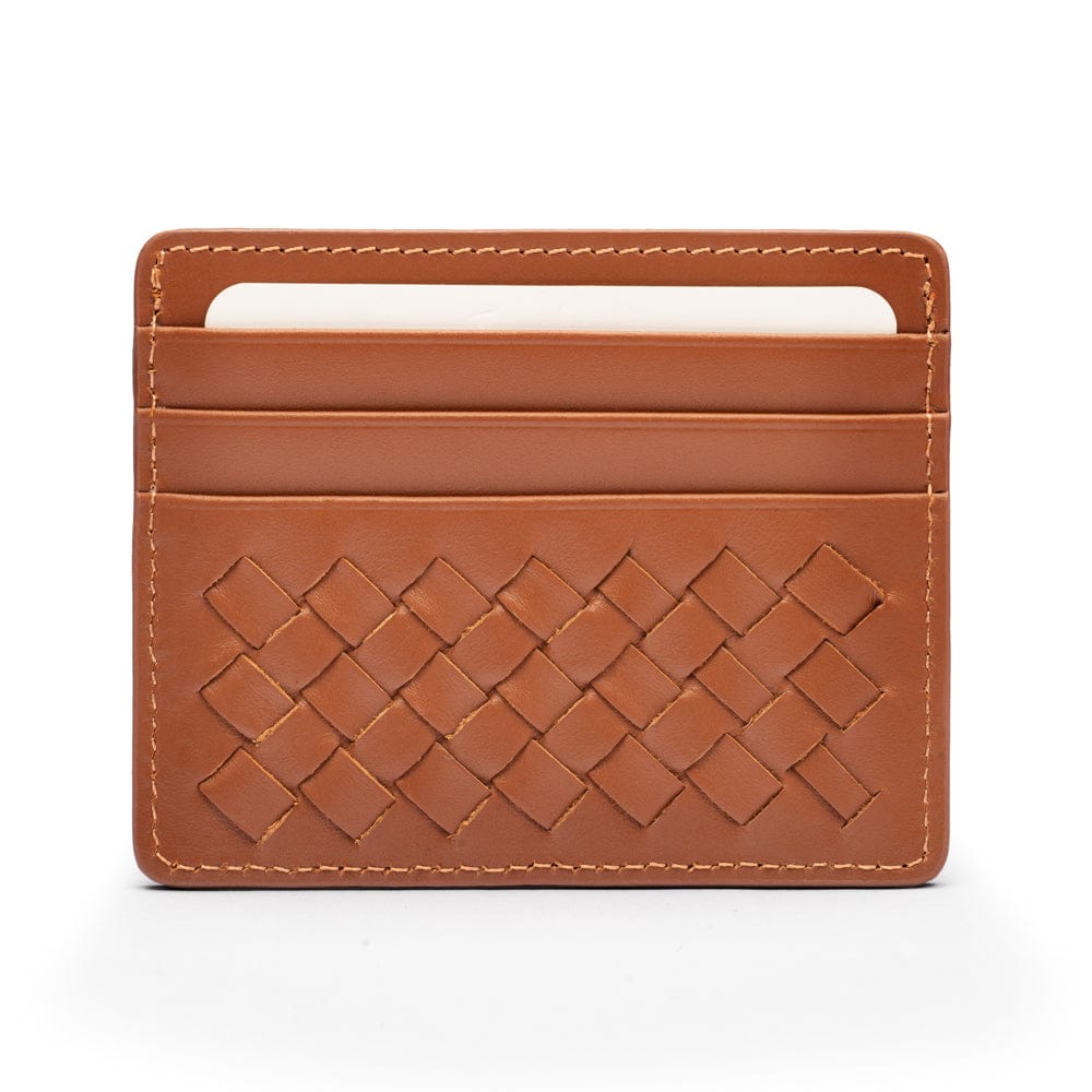Flat woven leather card holder, tan, front