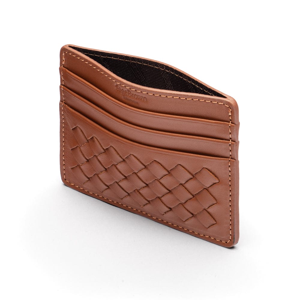 Flat woven leather card holder, tan, open