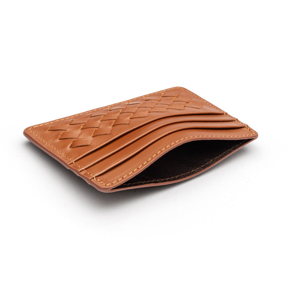 Flat woven leather card holder, tan, inside