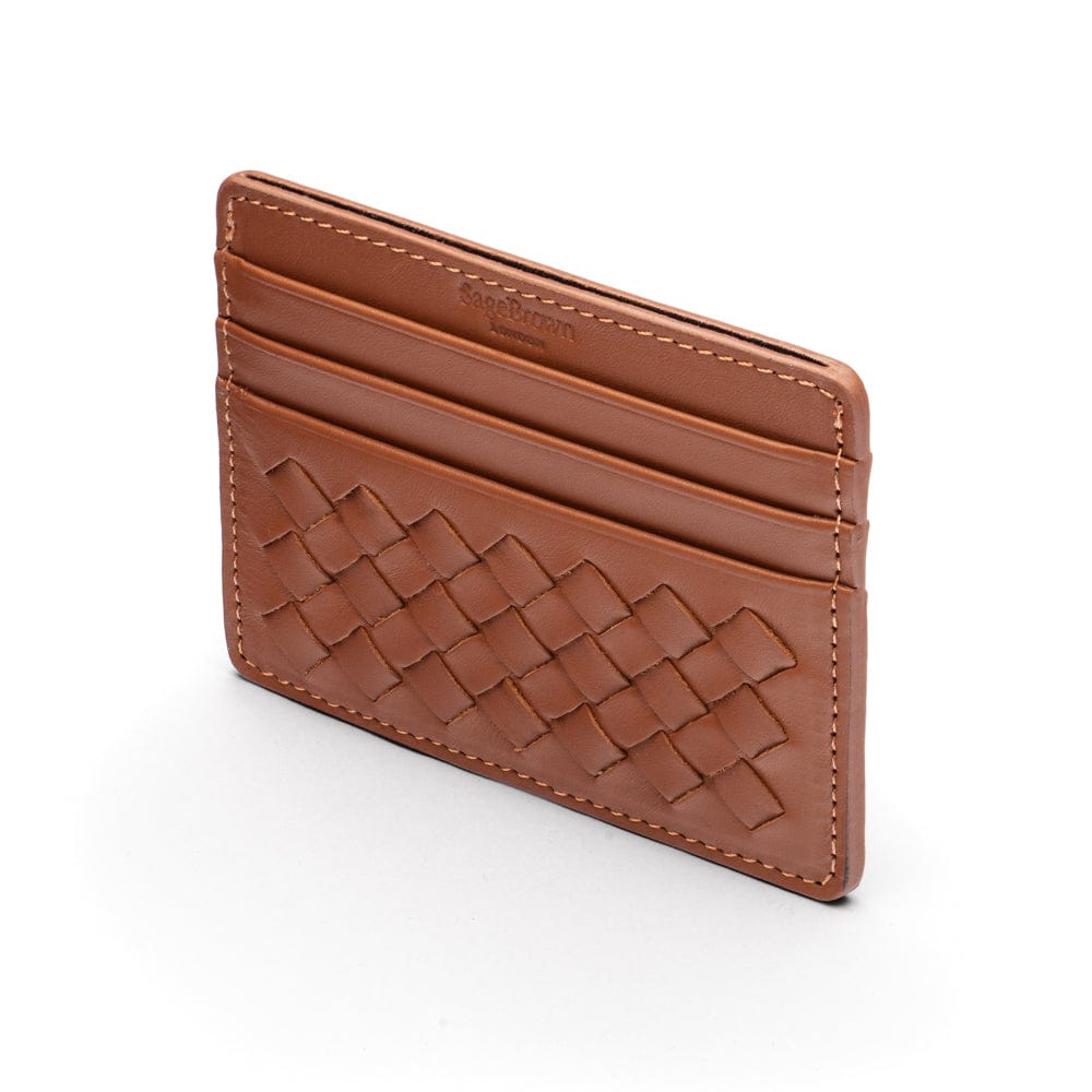 Flat woven leather card holder, tan, back