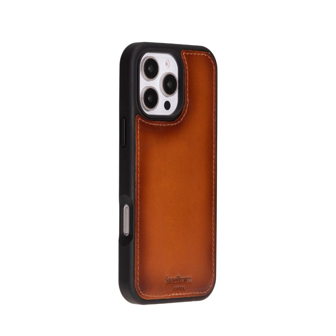 iPhone 16 Pro case in leather with RFID, tan, side back cover