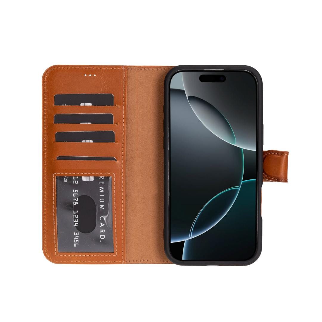 iPhone 16 Pro case in leather with RFID, tan, open