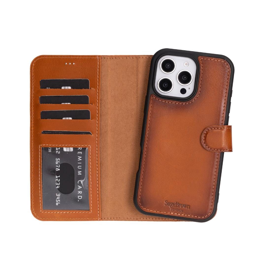 iPhone 16 Pro case in leather with RFID, tan, with detachable cradle