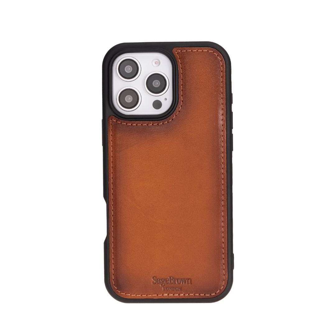 iPhone 16 Pro case in leather with RFID, tan, back cover