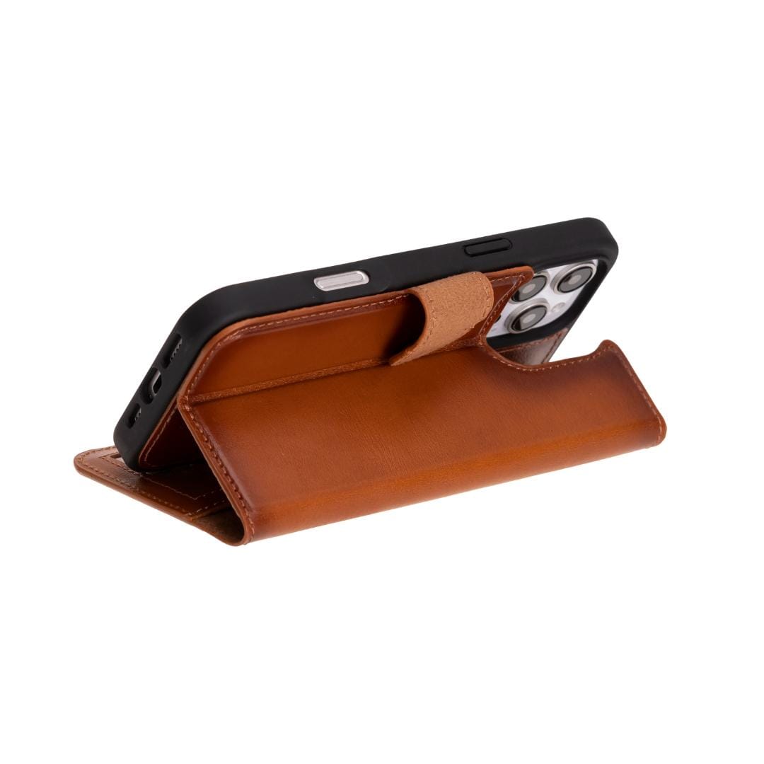 iPhone 16 case in leather with RFID, tan, folding feature