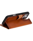 iPhone 16 case in leather with RFID, tan, folding feature