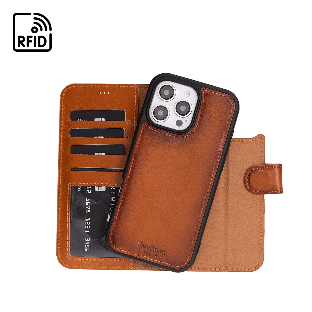 iPhone 16 Pro case in leather with RFID, tan, inside