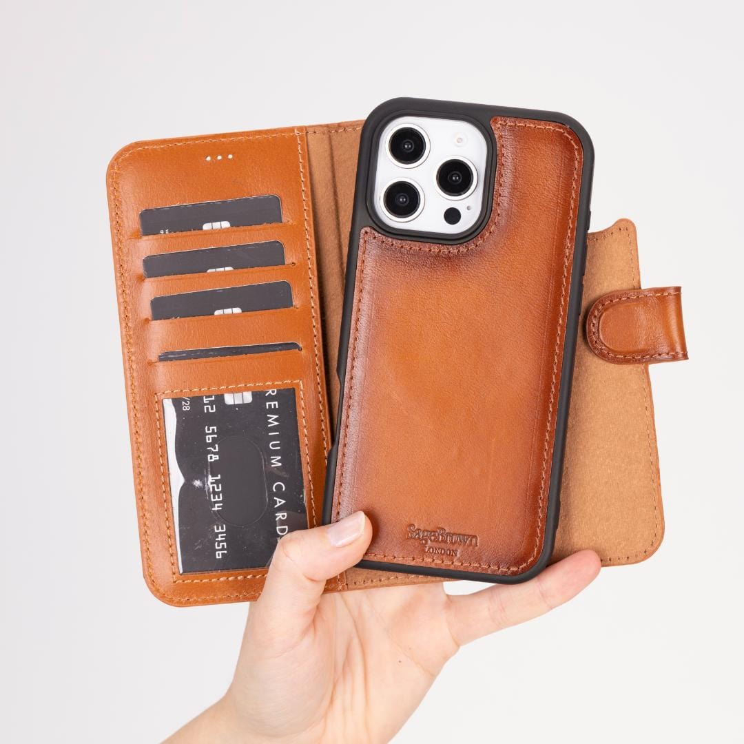 iPhone 16 Pro case in leather with RFID, tan, lifestyle