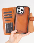 iPhone 16 Pro case in leather with RFID, tan, lifestyle