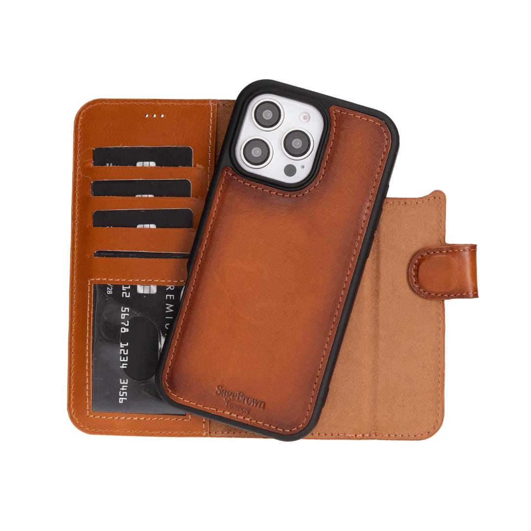 iPhone 16 Pro case in leather with RFID, tan, magnetic phone cradle