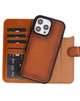 iPhone 16 Pro case in leather with RFID, tan, magnetic phone cradle