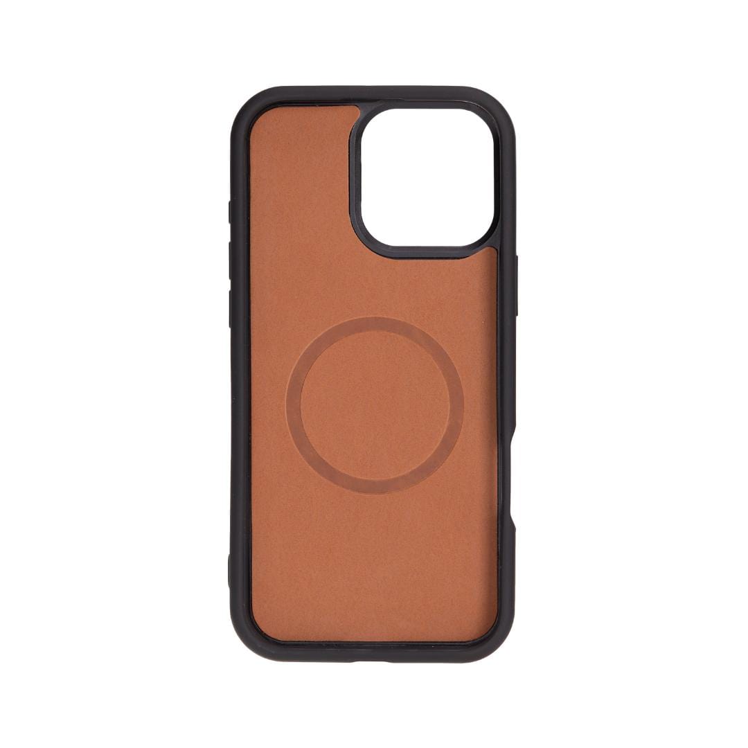 iPhone 16 Pro Max case in leather with RFID, tan, inside phone cradle