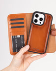 iPhone 16 Pro Max case in leather with RFID, tan, lifestyle