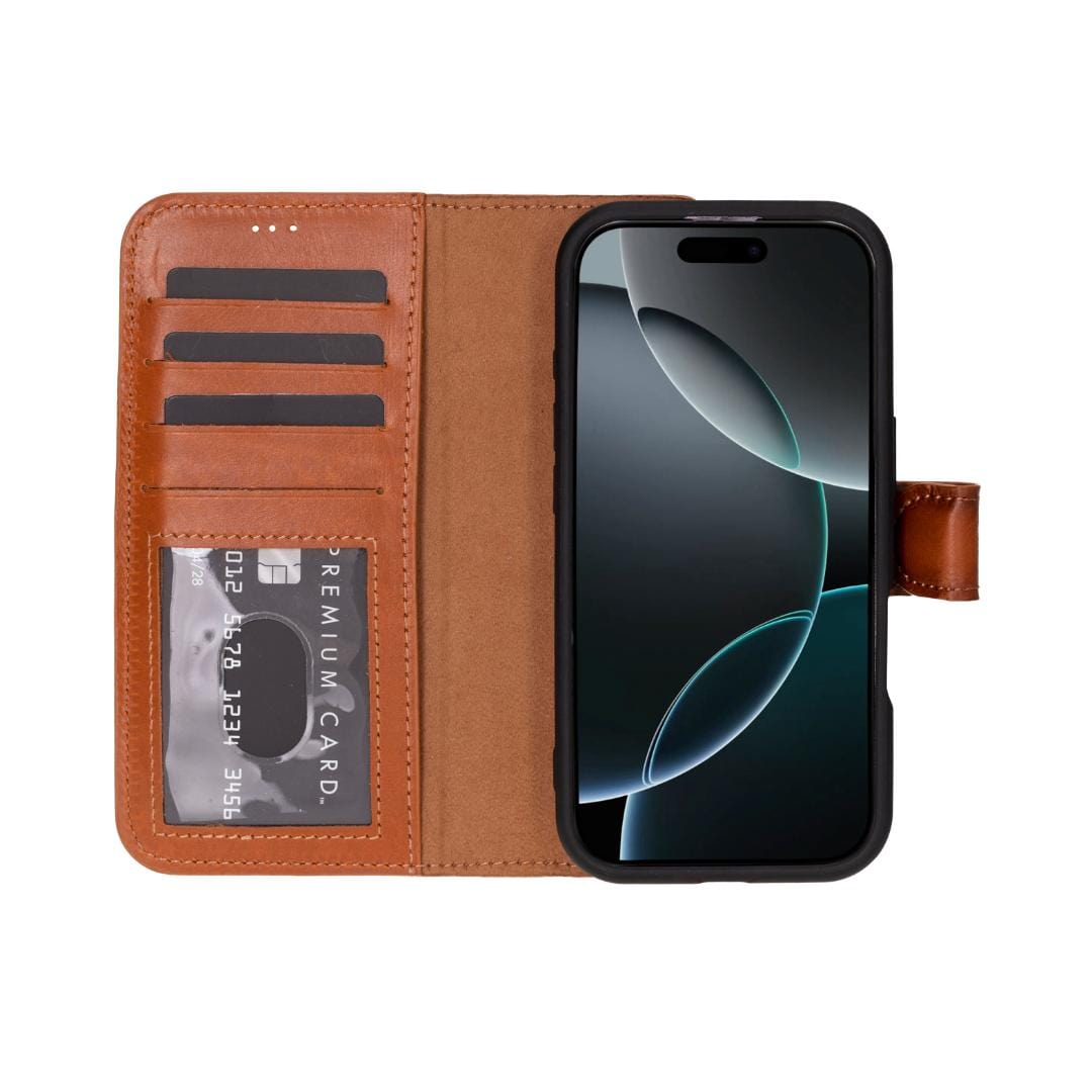 iPhone 16 Pro Max case in leather with RFID, tan, open