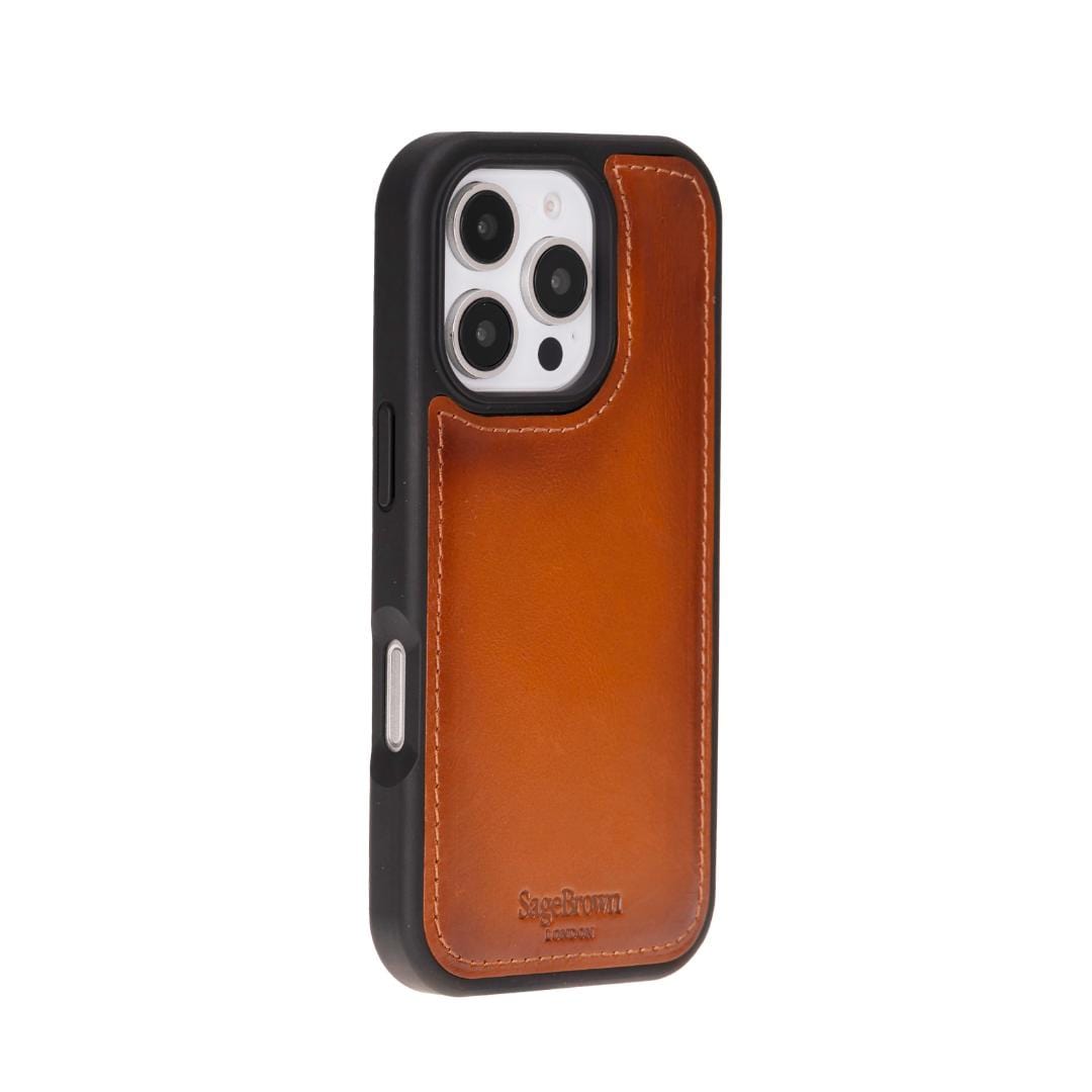 iPhone 16 Pro Max case in leather with RFID, tan, side back cradle