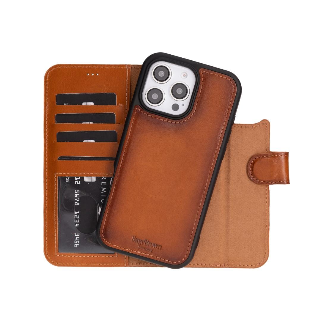 iPhone 16 Pro Max case in leather with RFID, tan, detachable phone cradle