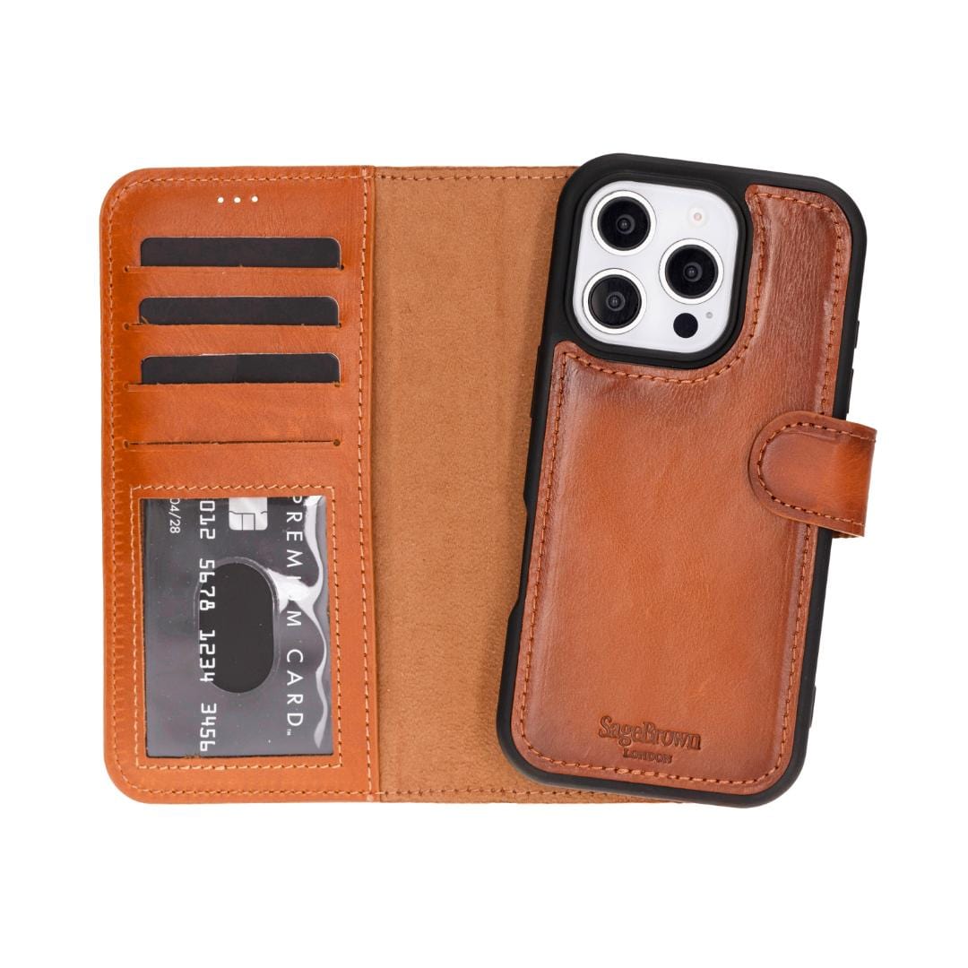 iPhone 16 Pro Max case in leather with RFID, tan, with detachable phone cradle