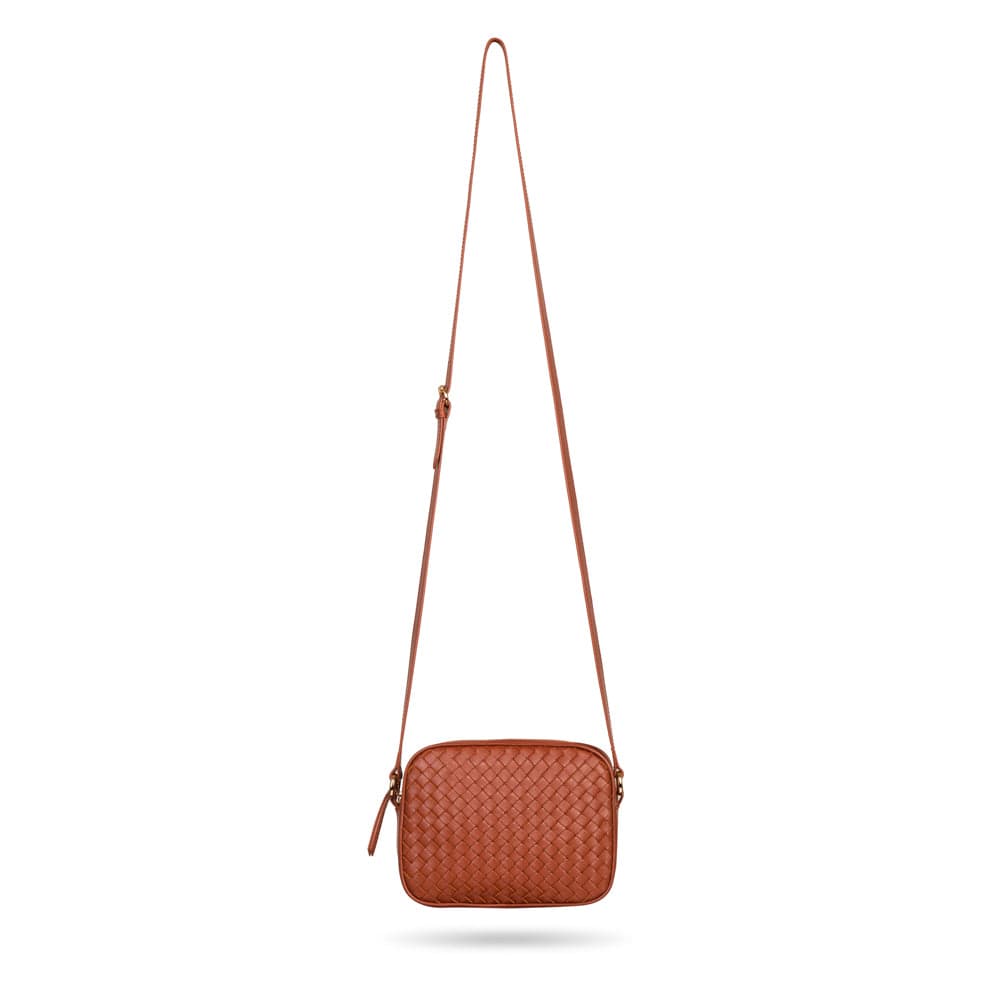 Ivy woven leather camera bag, tan, with shoulder strap