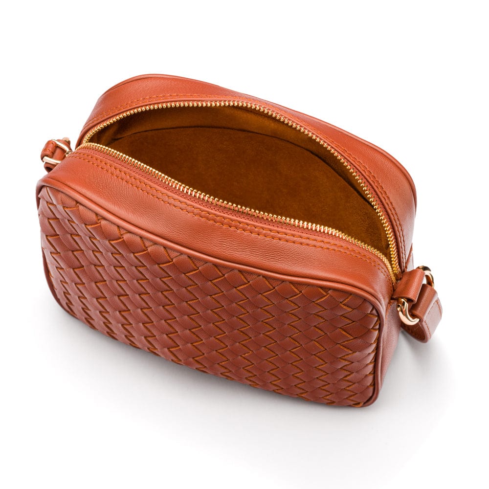 Ivy woven leather camera bag, tan, interior