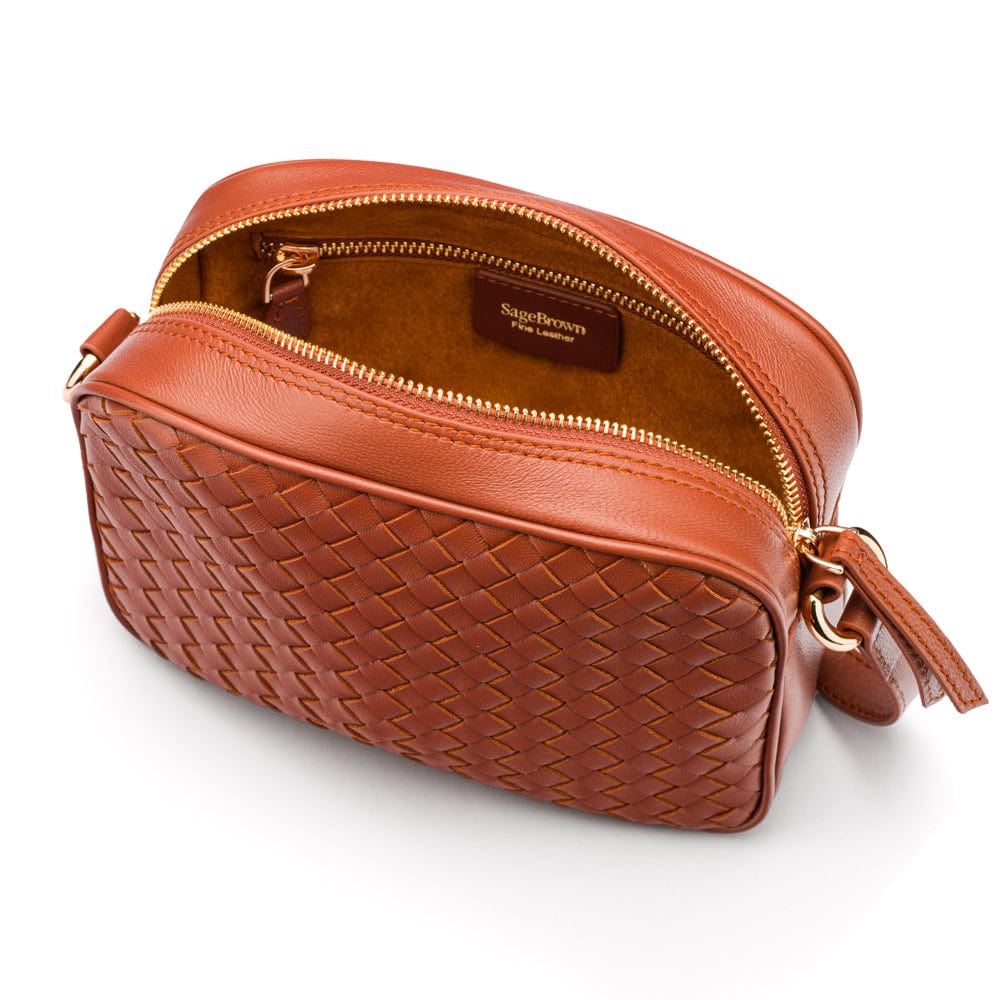 Ivy woven leather camera bag, tan, inside