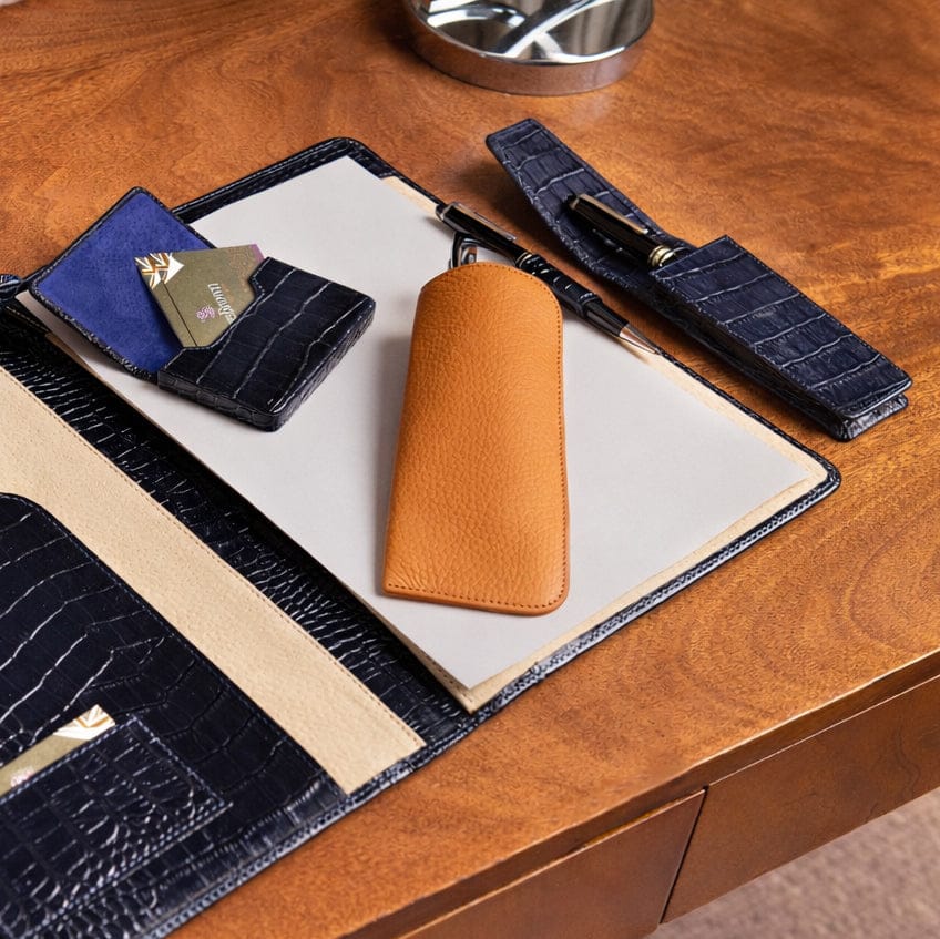 Large leather glasses case, tan, lifestyle
