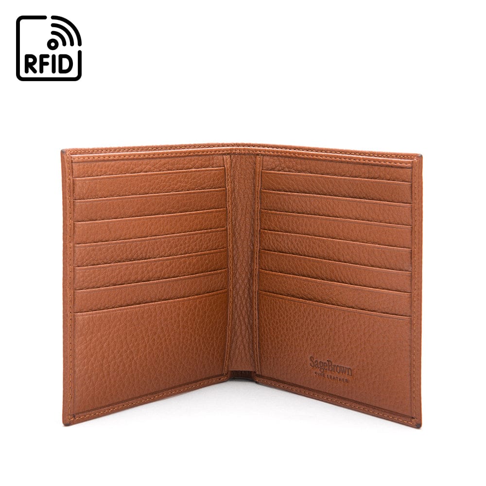 3/4 height leather RFID wallet 14 CC, tan, open